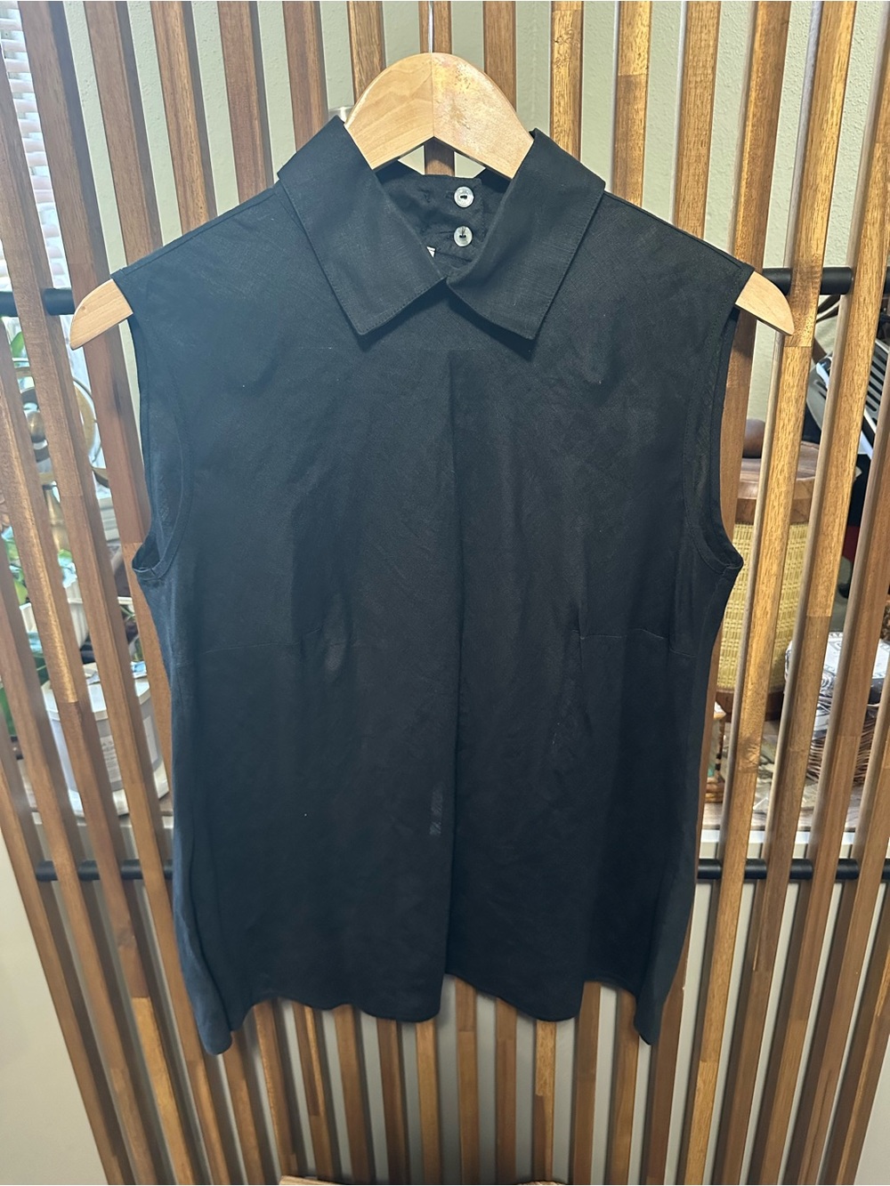 Anne Fontaine Paris Black Linen Sleeveless Blouse Collar Top Made in France Sz 3